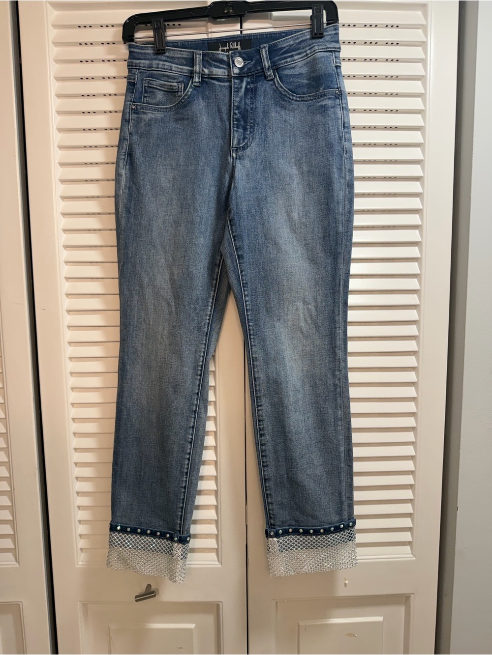 Joseph Ribkoff Light Blue Cropped Jeans with Beaded Crystal Mesh Hem